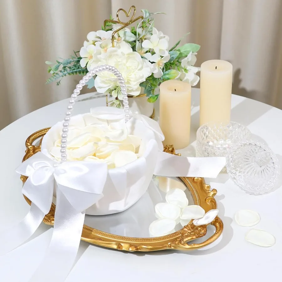 1 Pack Wedding Flower Girl Basket with 200Pcs Silk Petals Pearl Handle and Ribbon Bow for Romantic Night Bridal Party Home Deco