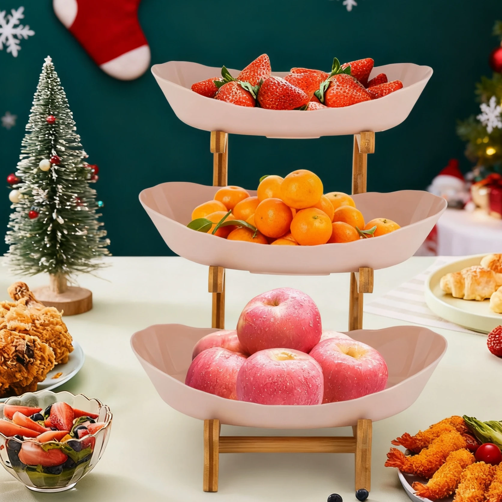 

Съемная штабелируемая 3-х уровневая ваза для фруктов Yuanbao, подставка из бамбукового дерева и пищевой полипропилен для дома/вечеринки/свадебного десерта/витрины с фруктами