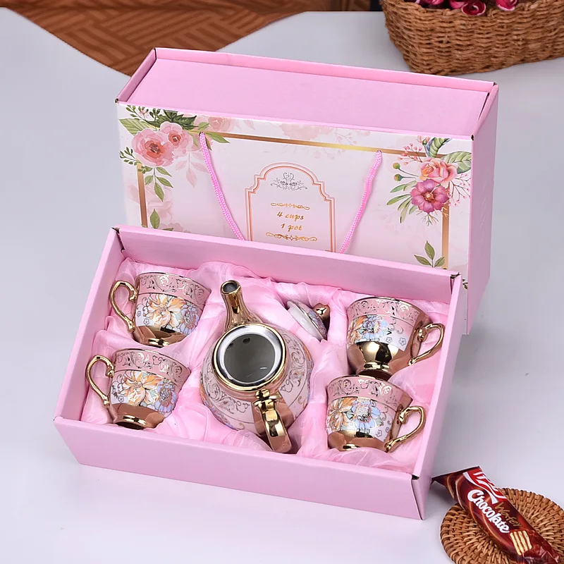 European Style Plated Ceramic Tea Set Gold Coffee Cup Plate Sales Gift Ceramic Cup Pot Set LOO Creative Pattern Short Sleeve