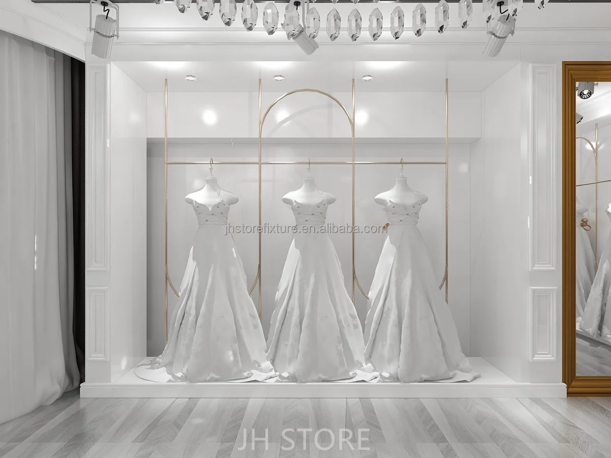 Desain Interior Perlengkapan Toko Ritel, Display Butik Gaun Pengantin, Rak Pakaian Emas, Rak Pakaian untuk Menggantung Pakaian