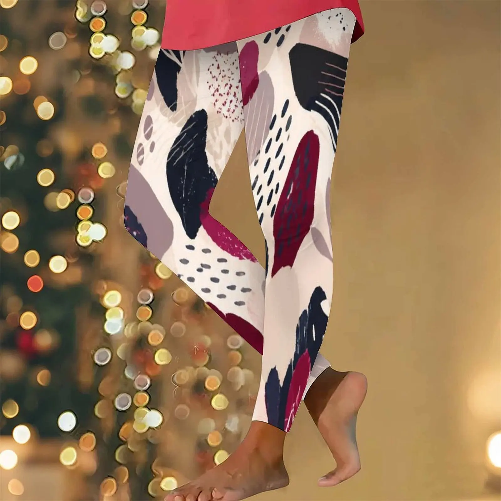 Women Full Length Fitted Abstract Printed Leggings, Off-white Base Navy Burgundy Muted Purple Black Art Pattern