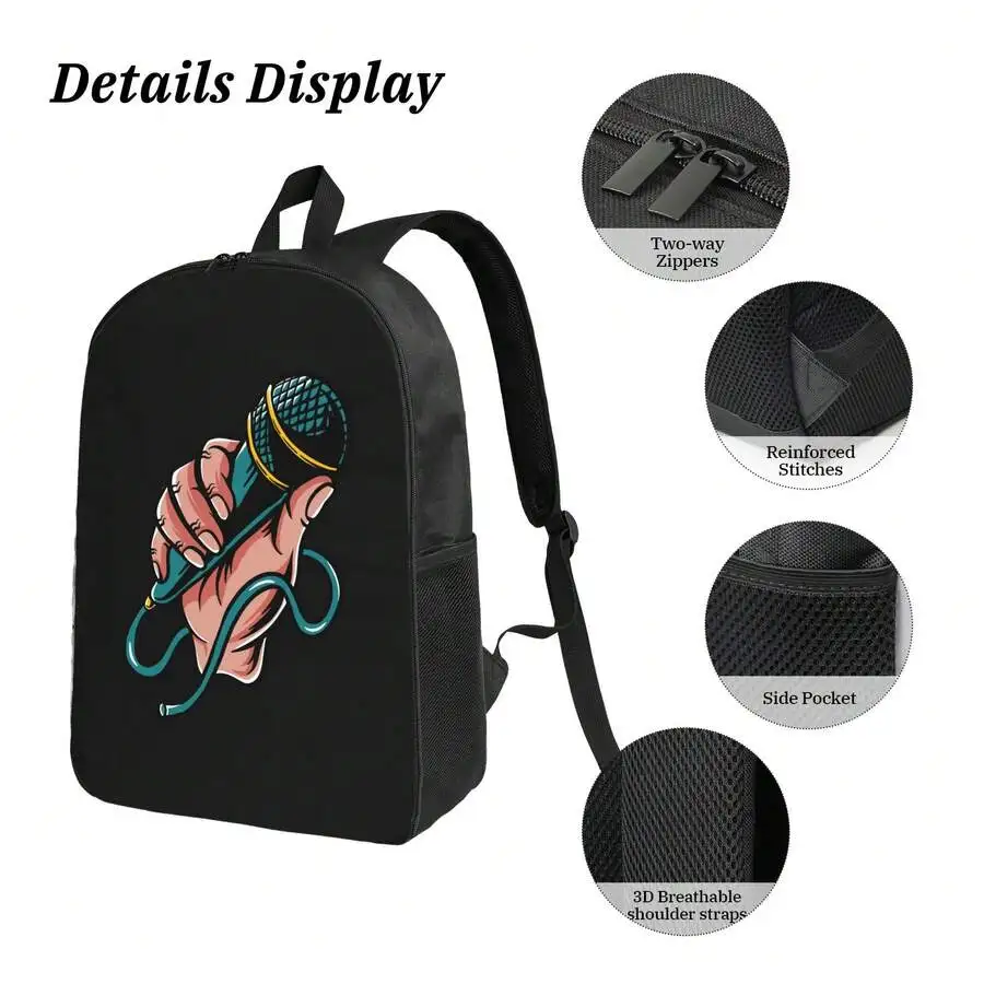

Black Microphone Graphic Backpack Men Travel Outdoor Laptop Bag With Two-Way Zippers