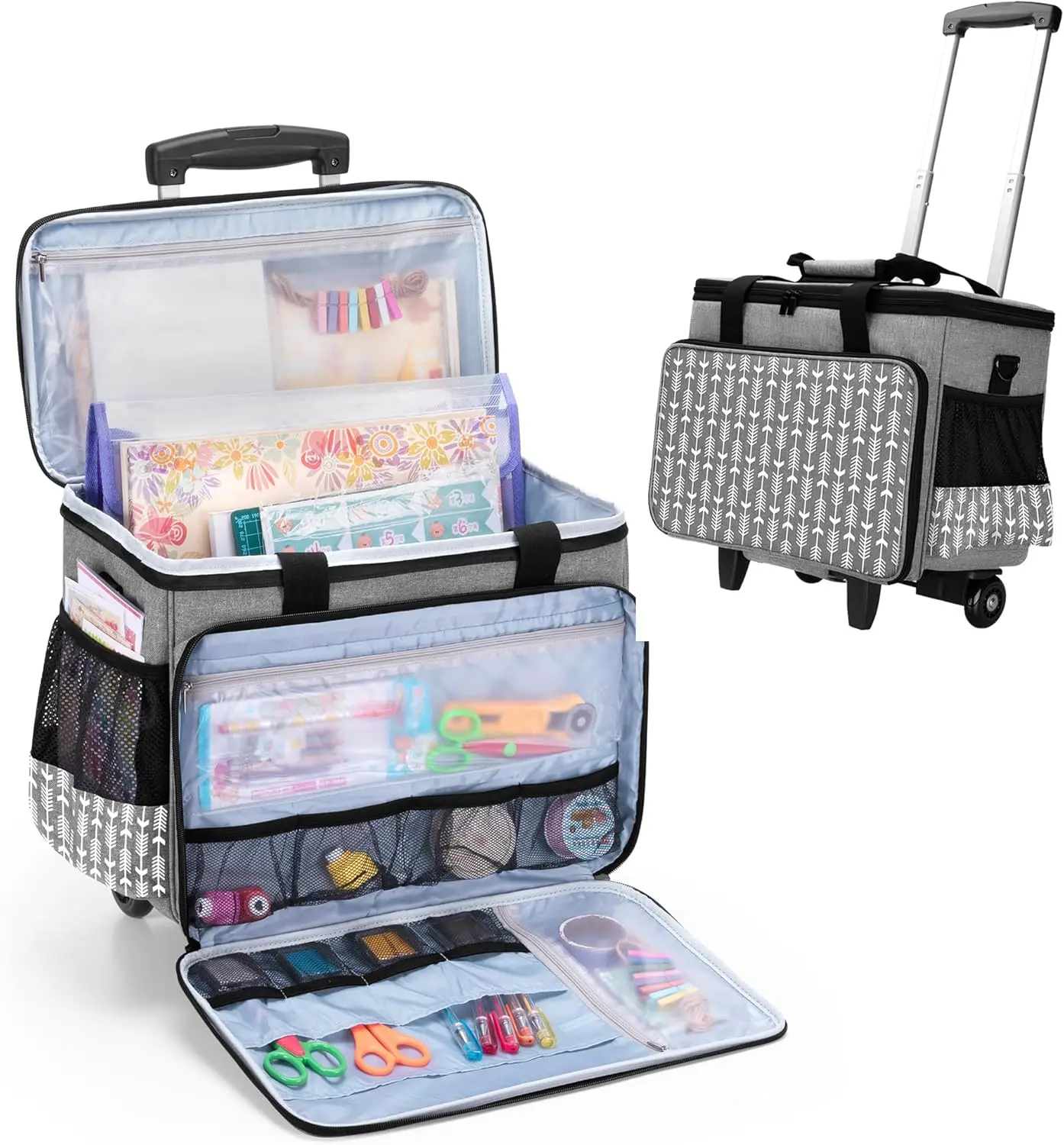 

Rolling Craft Bag on Wheels, Scrapbook Tote with Detachable Trolley & Bottom Board, Large Capacity Teacher Cart for Women, Gray