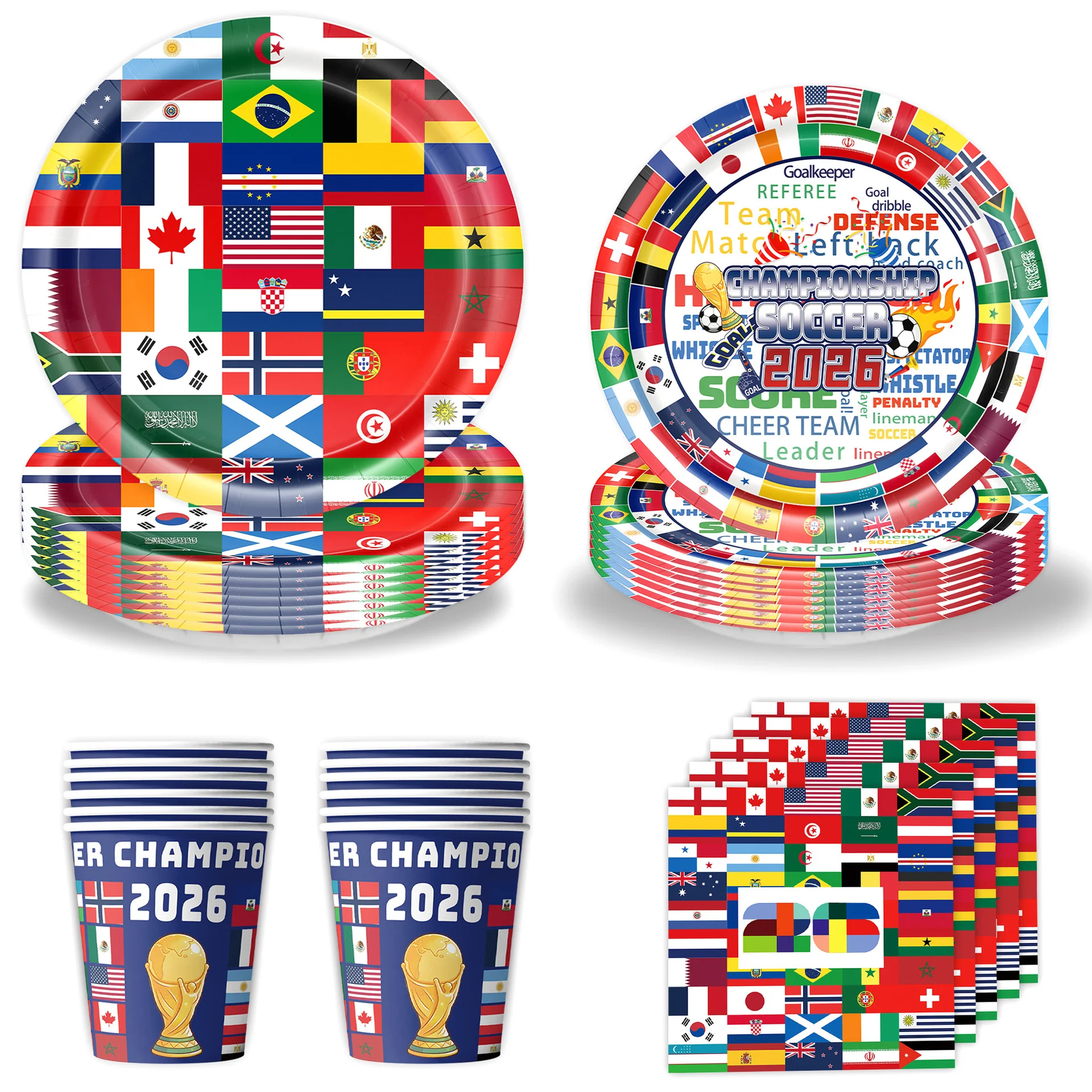 Internationale Flaggen Einweg-Tischwaren Becher 2026 Fußballspiel-Thema Geburtstagsdekoration Fußball-Party-Zubehör Jungen Sport-Geschenk