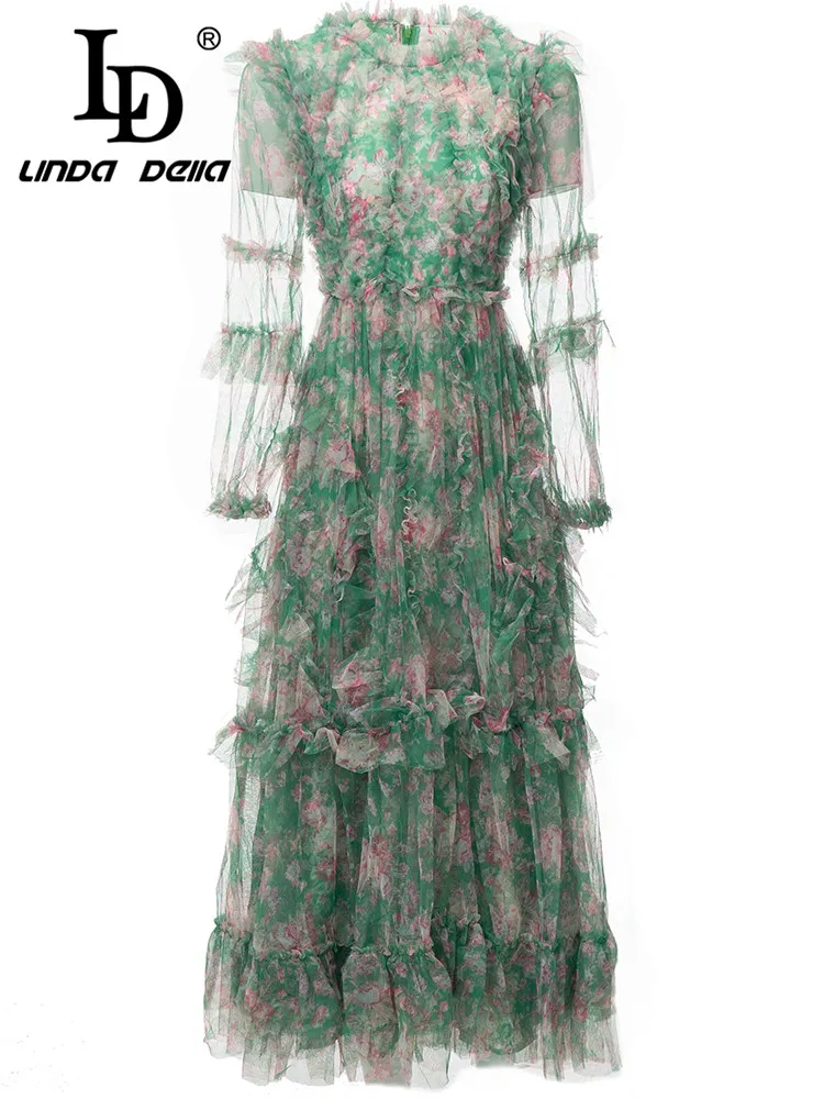 

LD LINDA DELLA Summer New Style Runway Fashion Dress Women's Transparent Print long sleeve High waist Splice Lace Floral Dress