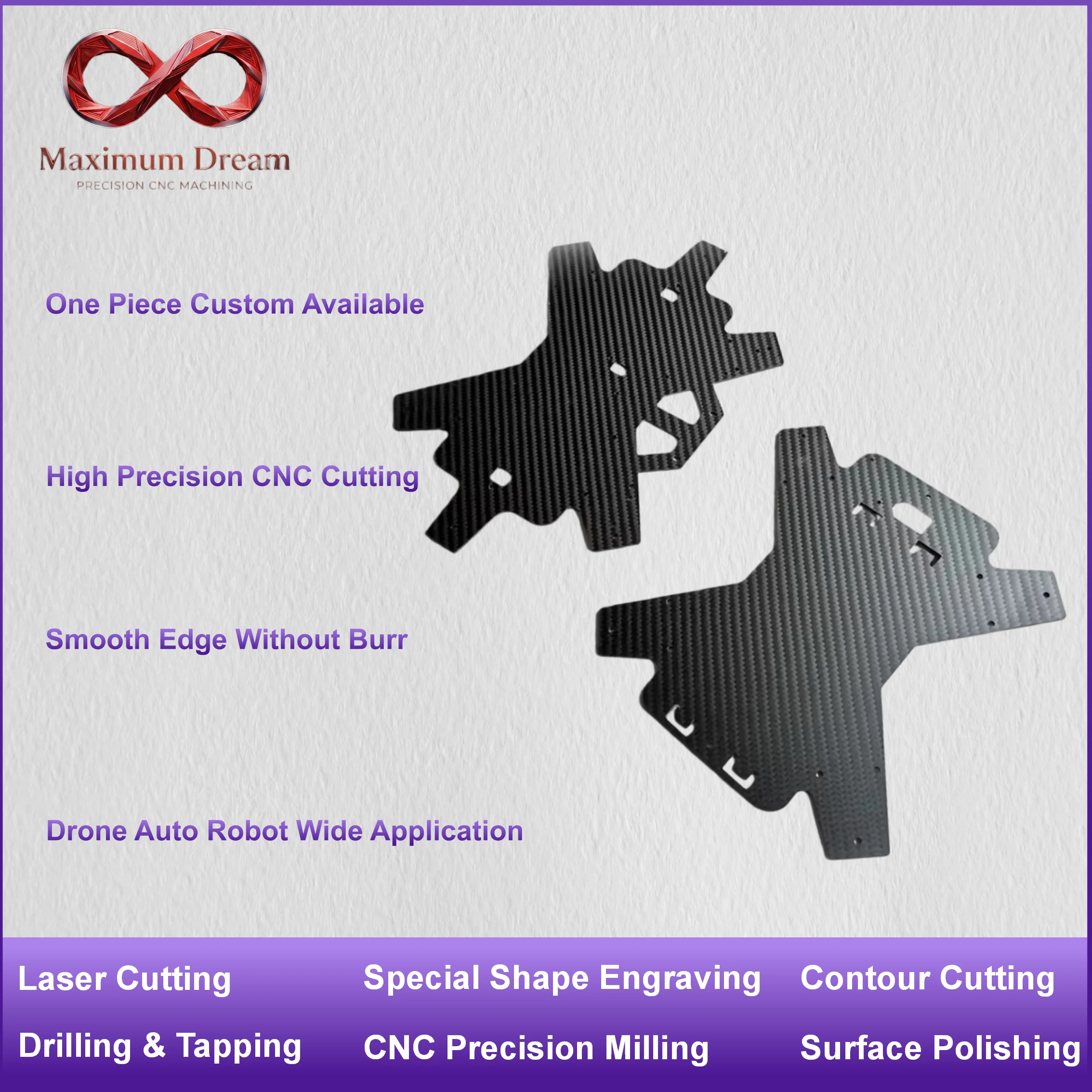 

Custom Carbon Fiber Sheet CNC Cutting Service 3K Twill Plate for Drone FPV Automotive