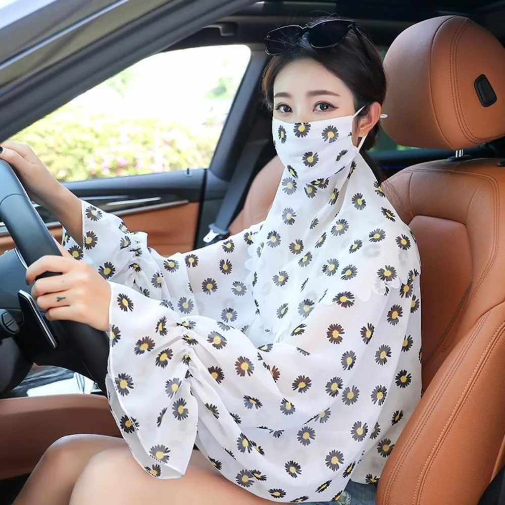 

Cooling Sleeves Summer Sunscreen Sleeves Transparent Long Sleeve Flower Arm Sleeves Floral With Mask Veil Women Chiffon Shawls