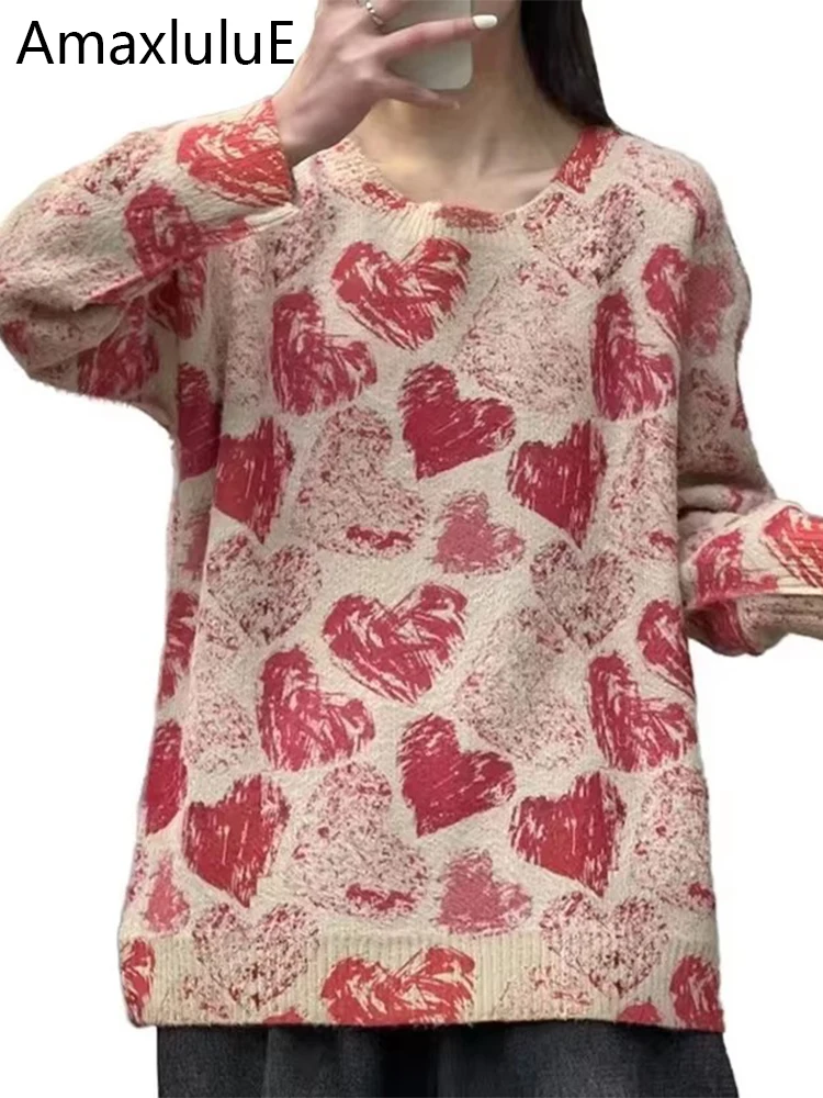 

Amax luluE 2025 Winter Womens Fashion Printed Plus Size Sweater Loose Knitted Pullover Ladies Classic O Neck Warm Cotton Jumpers