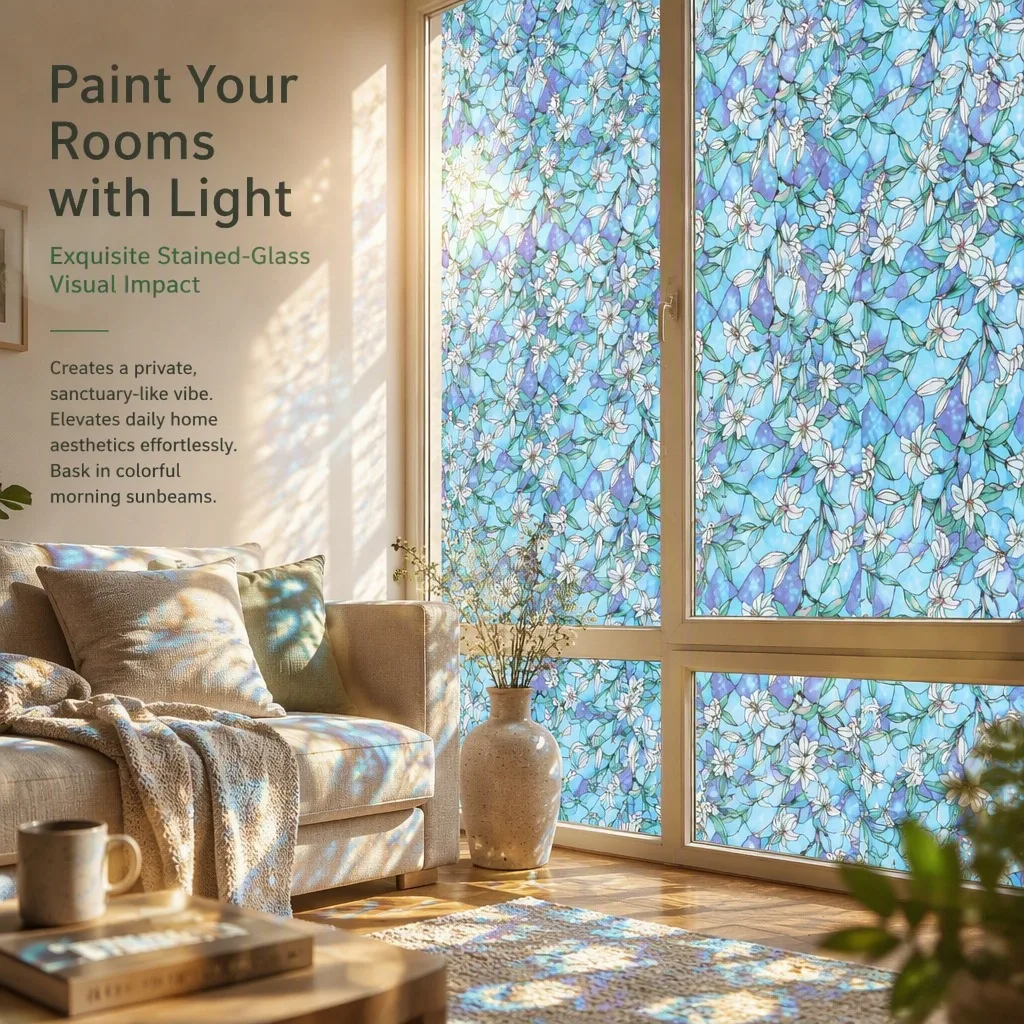 Stained Glass Window Film Floral Privacy Blue White Flower Static Cling No Glue for Home Bathroom Living Room Decor