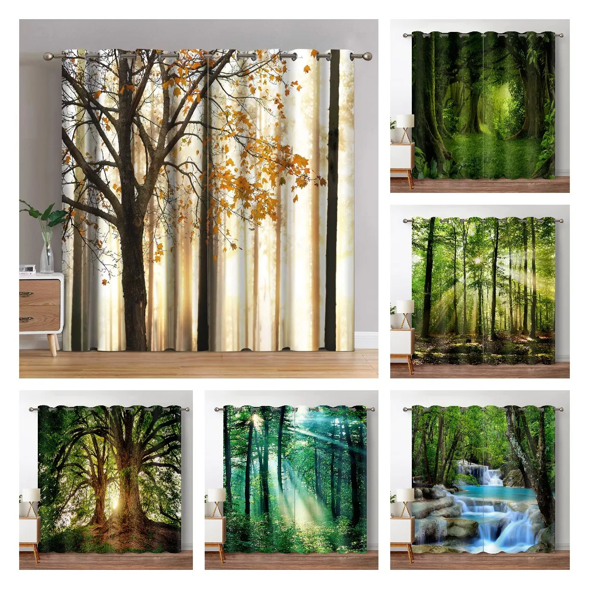 

Forest Curtains Jungle Tree Nature Scenery Boy Girl Window Curtain Living Room Bedroom Door Waterfall Left Right Biparting Open