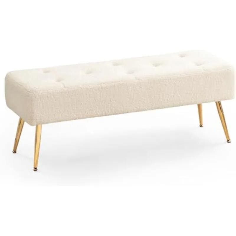 Faux Fur Boho Bench Ottoman Upholstered Tufted Bench with Padded Seat Footrest Foot Stool with Sturdy Metal Leg for Bedroom