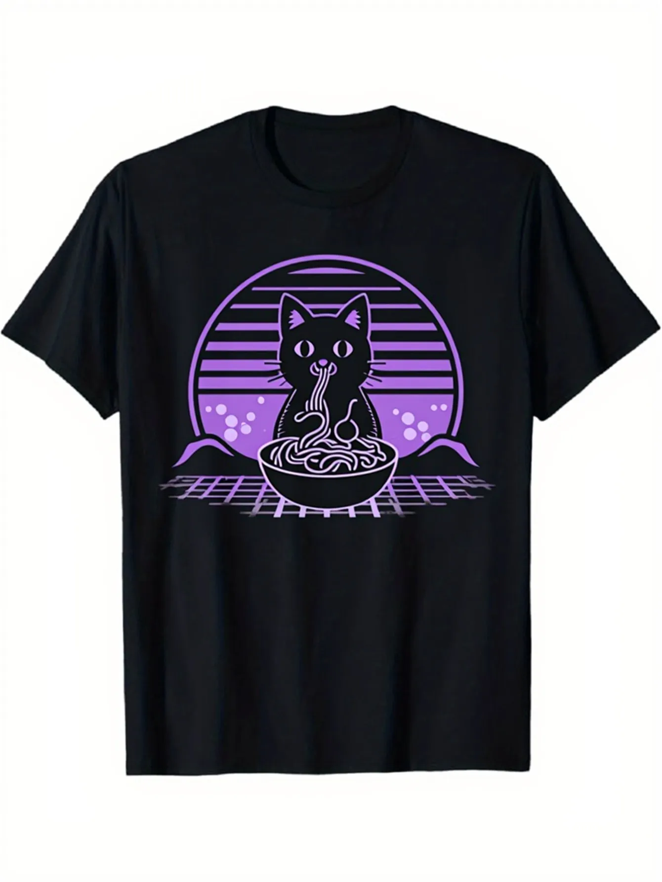 Retro Men's Black Graphic T-Shirt Cat Eating Noodles Bowl Purple Sunset Stripes Grid Cute Animal Vintage Print 100% Cotton Heavyweight Short Sleeve Casual Streetwear Tee