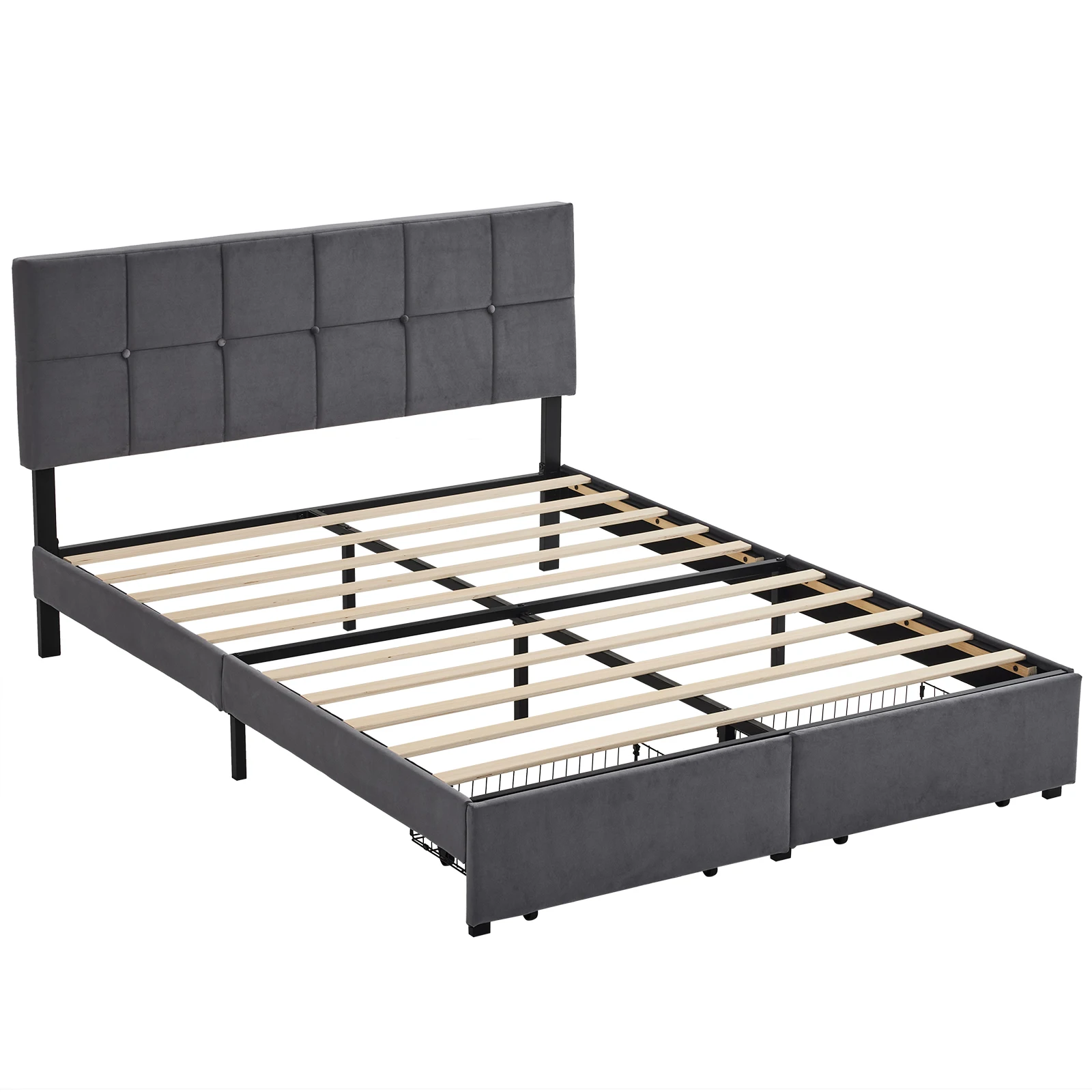 Full Size Velvet Upholstered Platform Bed with Storage Drawers,Bed Frame with Vertical Channel Tufted Wingback Headboard