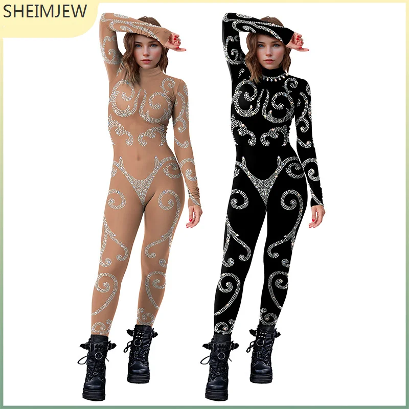 Women Diamond Border 3D Printed Pattern Jumpsuit Halloween Carnival Party Fancy Cosplay Zentai Suit Sexy Adult Zipper Bodysuit