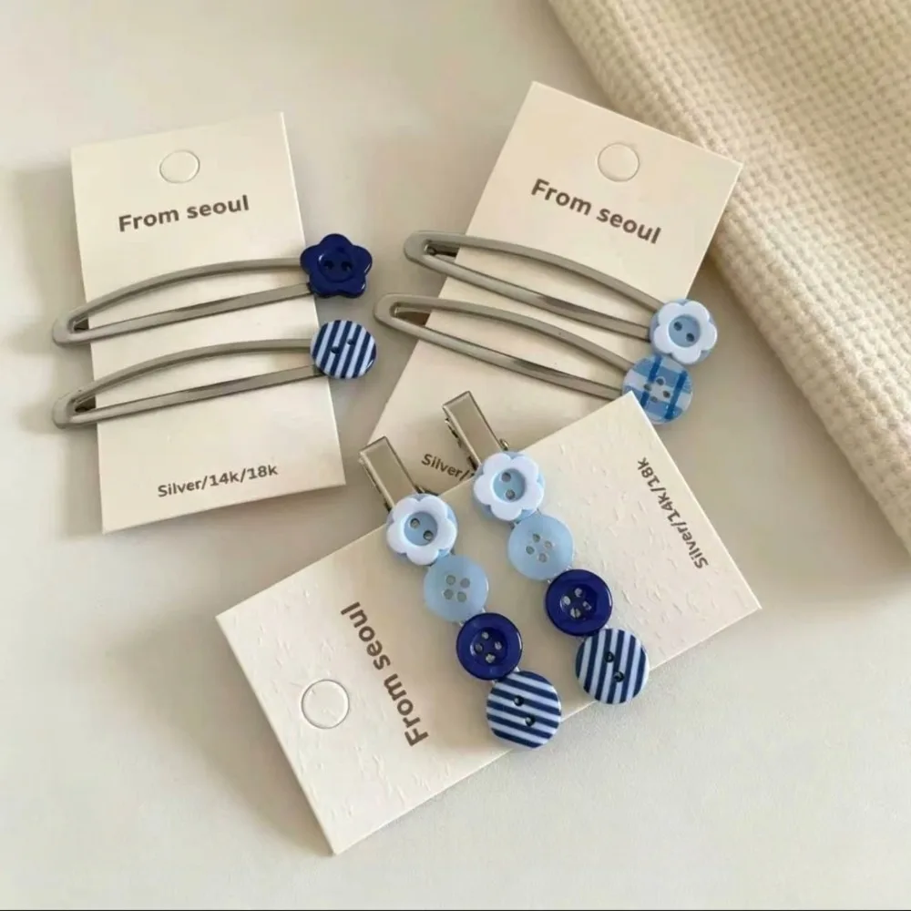 Korean Style Sea Salt Blue Hair Clips, Stripe Button&Small Flower Barrettes, Fringe Bangs Clip, Stylish Side Hair Pin for Women