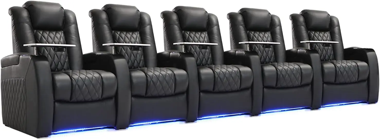 Grain Leather Recliner Chair Dual Power Movie Gaming Sofa Electric Headrest with Tray Table Type-C USB Charge Cup Holders Black