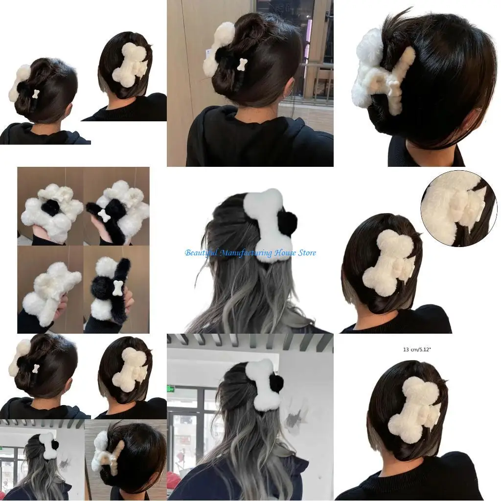 

E56A Sweet Girls Hair Claw with Plush Bone Hairpin Anti-slip Ponytail Hairpin
