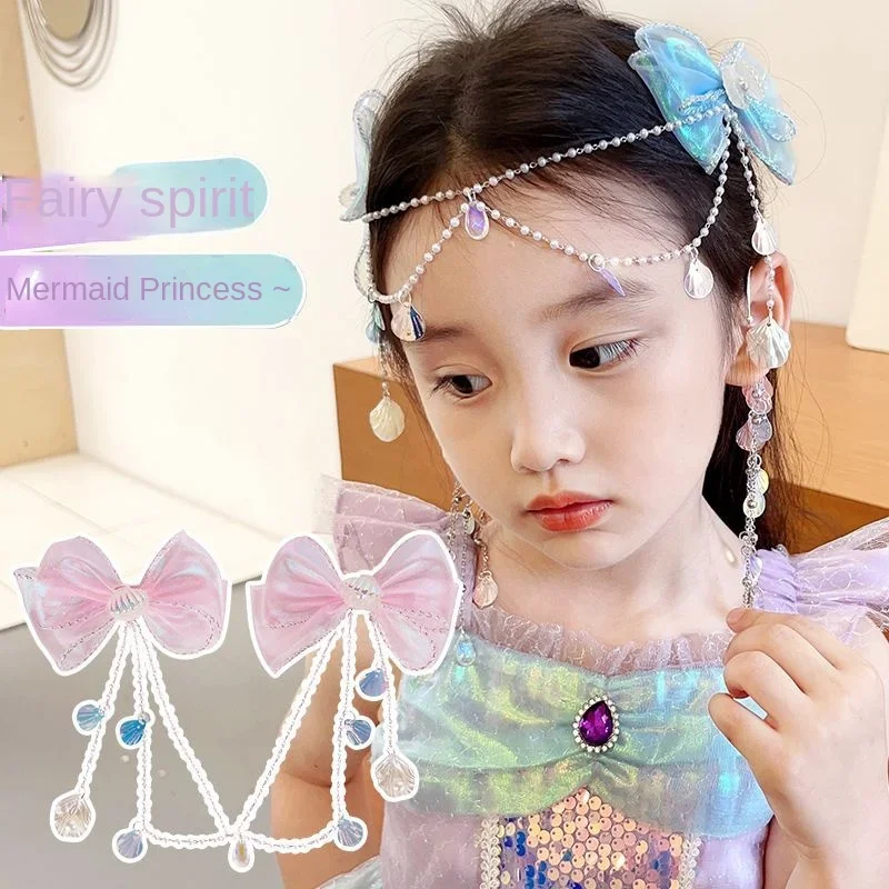 Children's Bow Forehead Chain  Mermaid Pearl Tassel Hair Clip Girl's Colorful Crystal Ear Loop Girl's Holiday Headwear