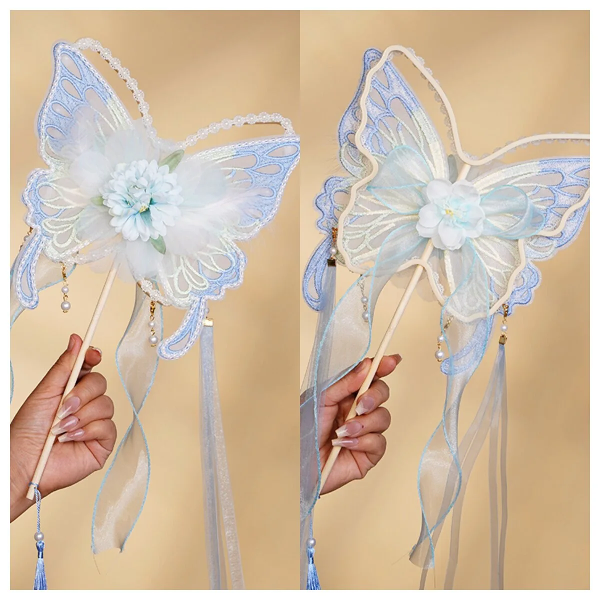 Traditional Chinese Style Butterfly Embroidery Handheld Fan with Feathers Long Sash Floral Dance Fan Gift Souvenir for Photograp