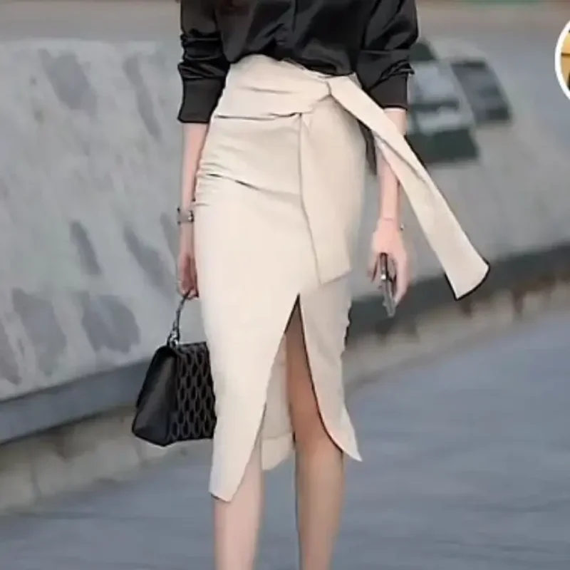 

Split Cut Suit Half Skirt, Women's Spring New Style One-step Skirt, High Waist Strap, Hip Wrapped Mid Length Skirt