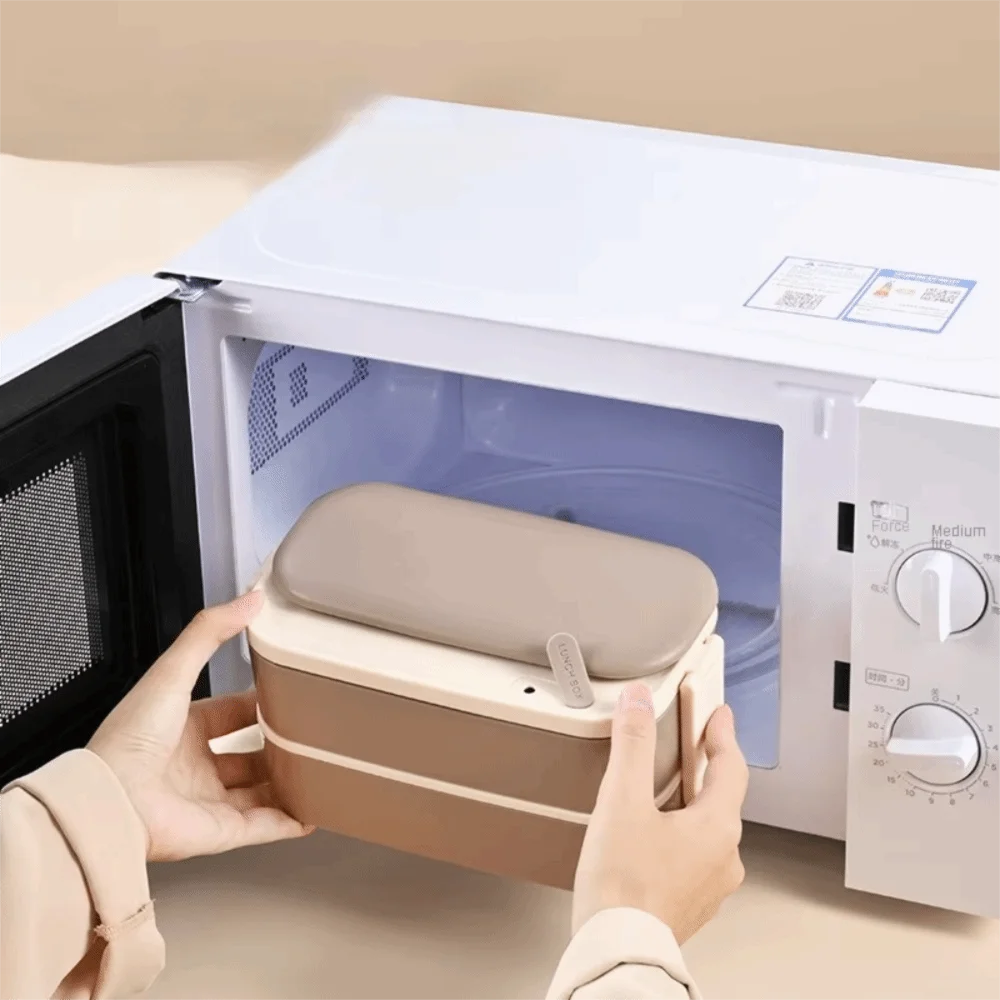 

2 Layer 304 Stainless Steel Lunch Box Divided Microwavable Food Container with Tableware and Storage Bag Rectangular Picnic Box