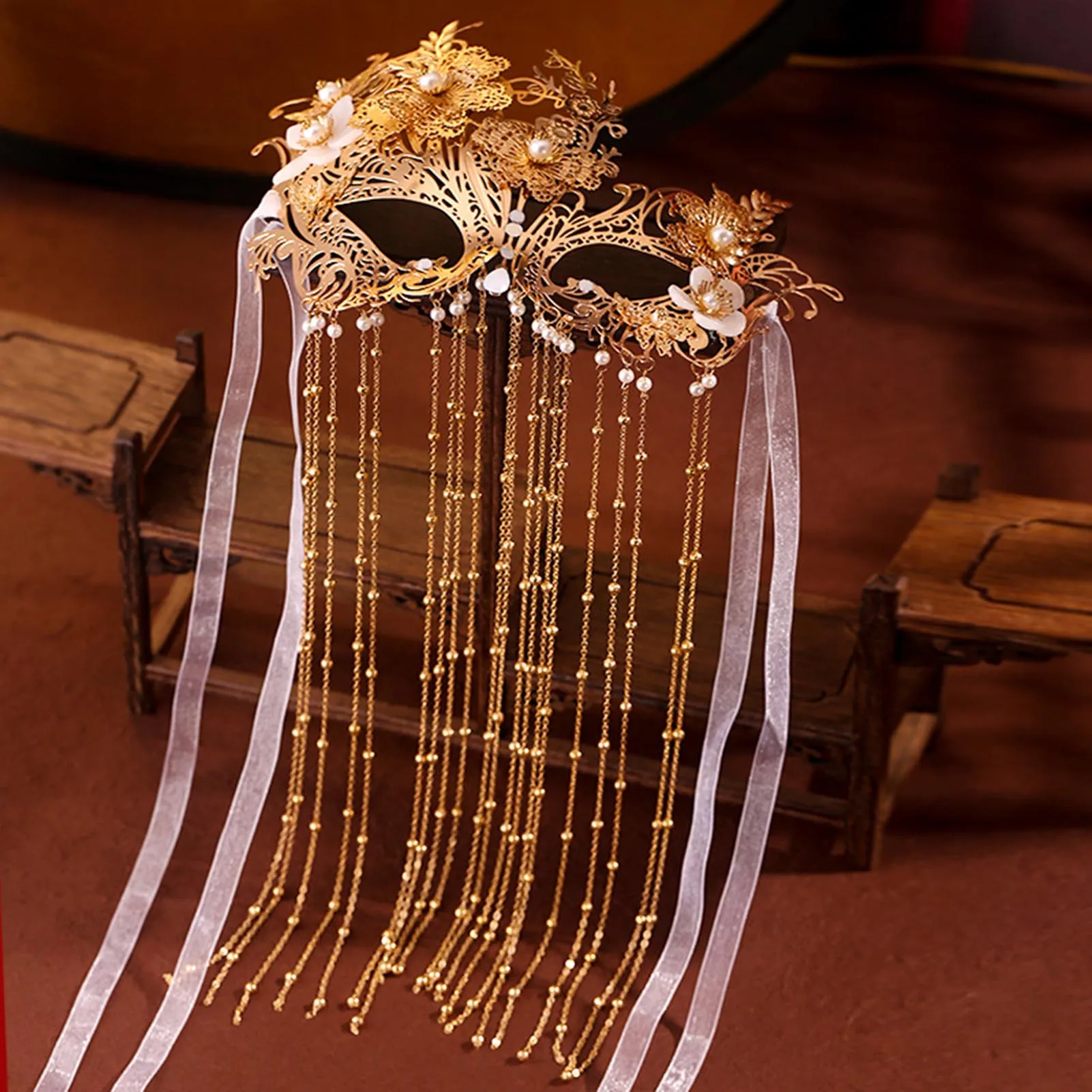 Long Tassel Face Veil with Mask Sparkling Crystal Hollow Headwear Hair Ornaments for Stage Performance School Ball