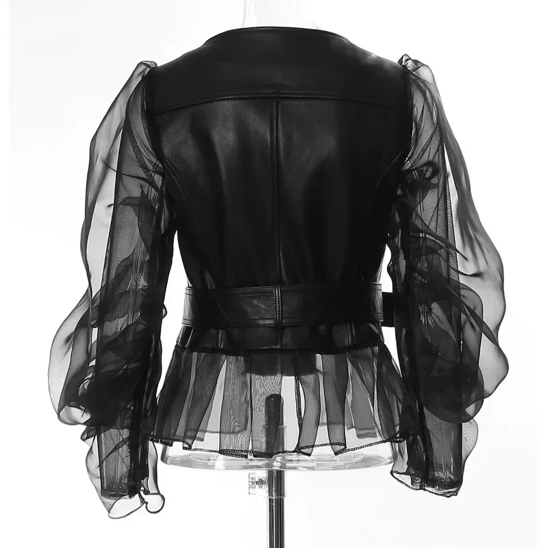 Chaqueta elegante de malla de cuero Pu negro para mujer, abrigo de manga larga con solapa nueva, tendencia de moda para primavera y otoño 2024 17A8517