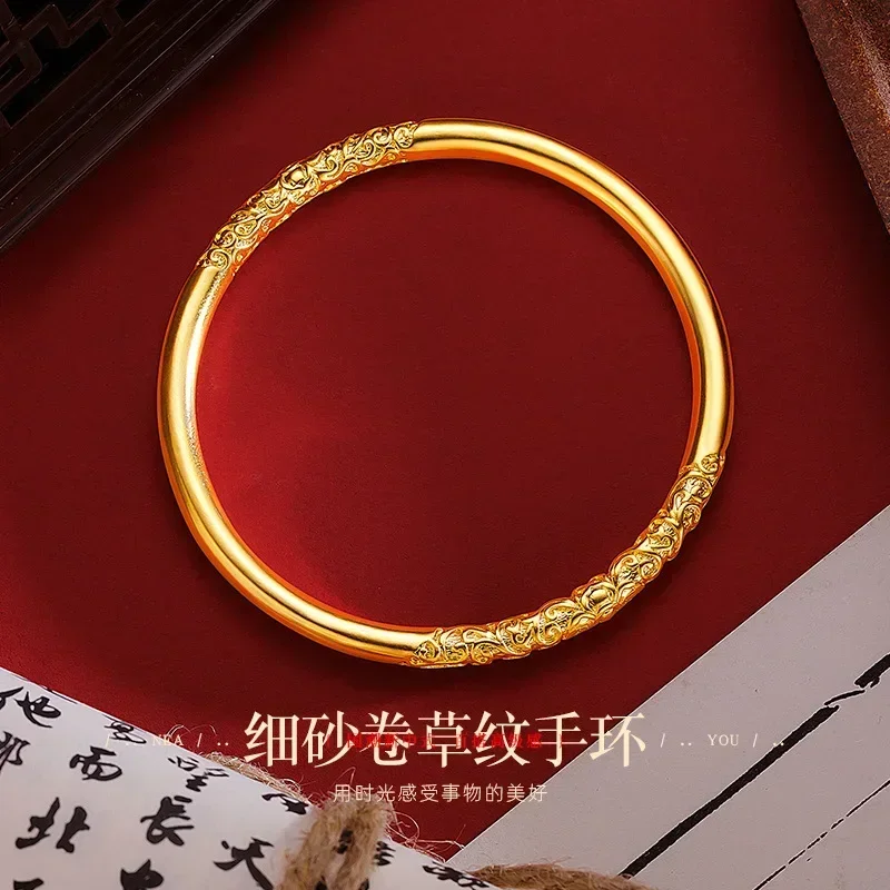 

9999 Real Gold 24K Advanced Ancient Method Bauhinia Roll Grass Pattern Heritage Bracelet, Engraved Plain Ring Women's Bracelet