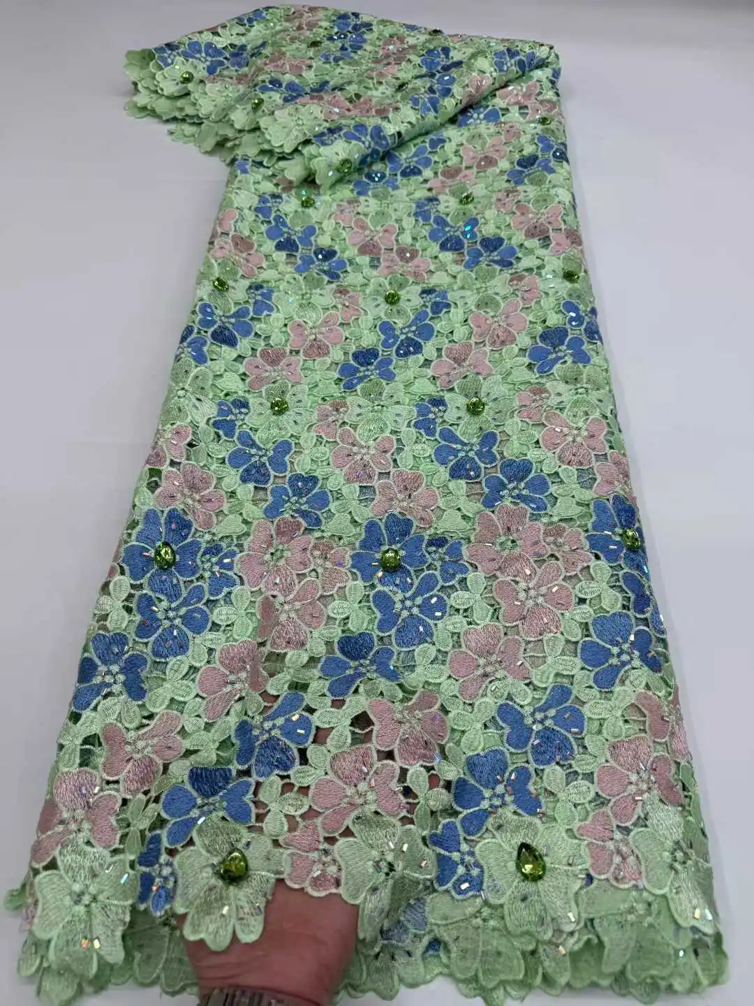 Light Green African Lace Fabrics, Embroidery Tulle with Sequins and Beaded, French Tulle Mesh for Wedding