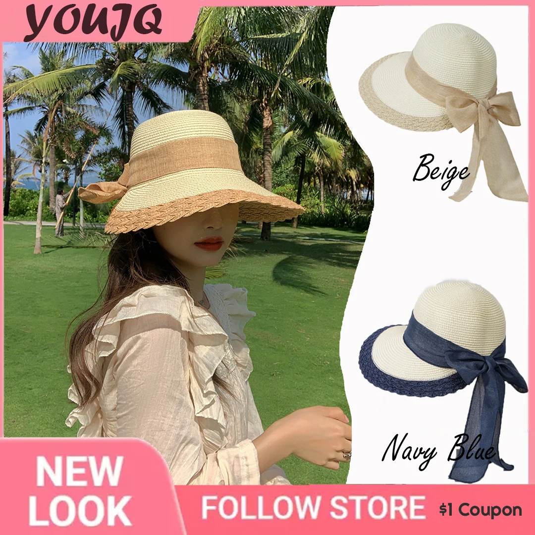 

Handmade Weave Sun Hats for Women Ribbon Lace Bow Large Brim Straw Hat Outdoor Beach Cap Summer Caps Summer Ladies Sombrero