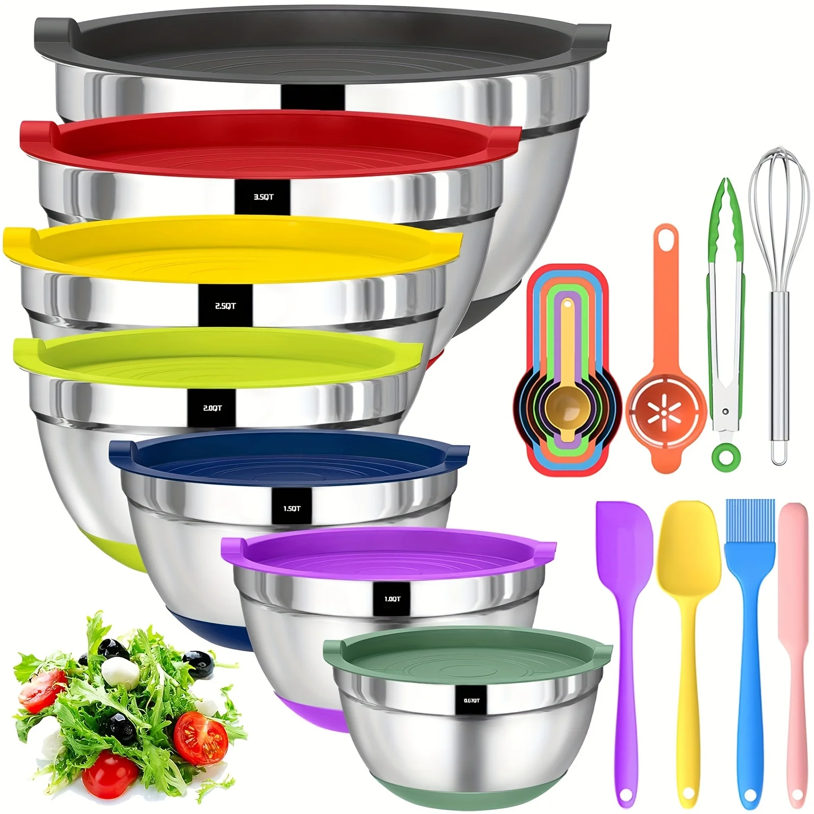 

20pcs Mixing Bowls With Airtight Lids, Stainless Steel Metal Nesting Bowls, Non-Slip Colorful Silicone Bottom, Size 7, 3.5, 2.5, 2.0, 1.5, 1, 0.67QT, Great For Mixing, Baking, Serving
