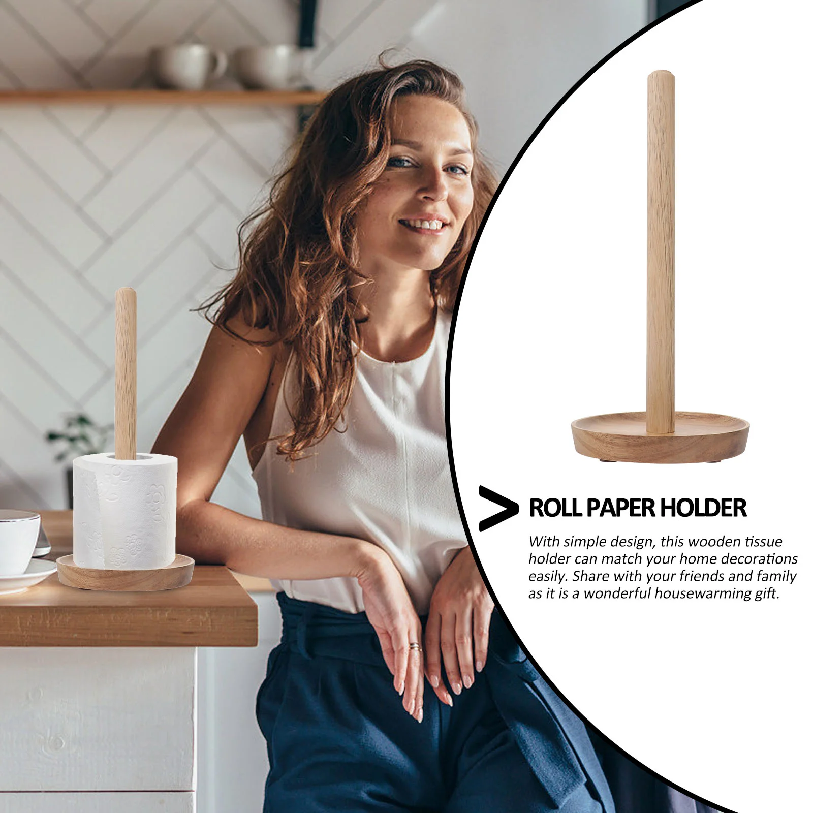 Dispenser Solid Wood Roll Holder Paper Towel Hanger Stand Countertop Tissue Reserve