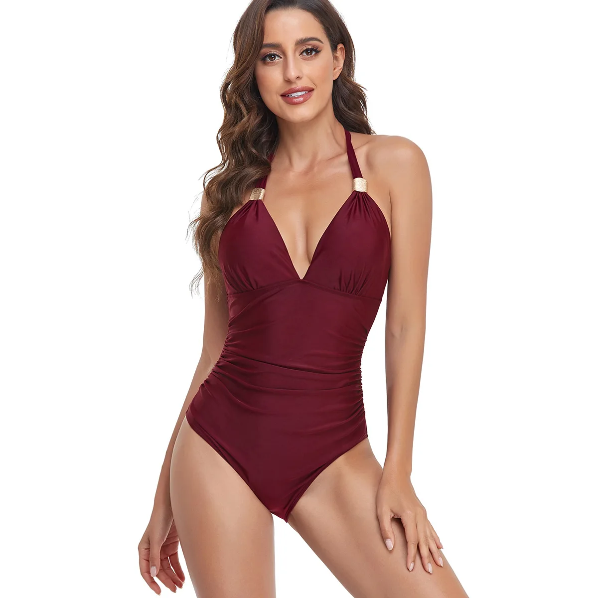 Women Halter One Piece Swimsuit Tie Neck Backless High Cut Tummy Control Bathing Suit Beach Swimwear