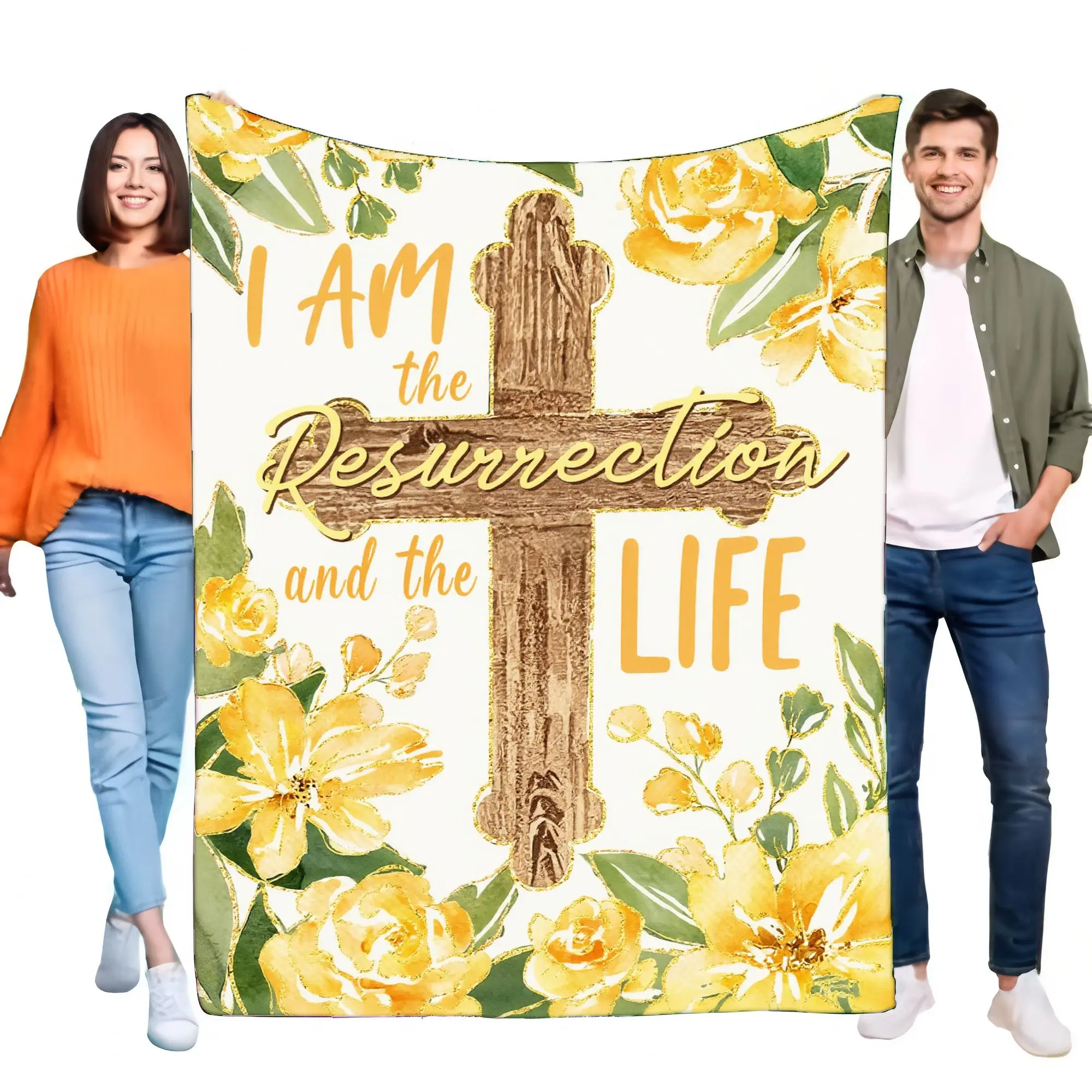 Religious Inspirational Blanket with Cross and Yellow Flowers, 'I AM the Resurrection and the LIFE' Text, Cozy Decorative Throw