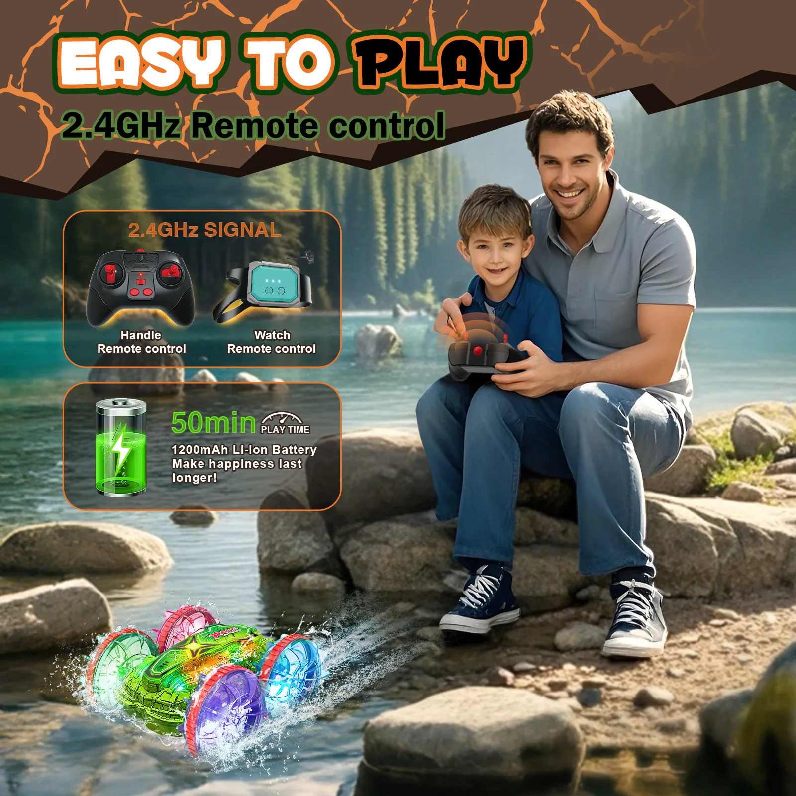 Nouveau modèle de fission de dinosaure électrique étanche tout-terrain longue durée de vie de la batterie lumière amphibie voitures rc pour enfants pour adultes