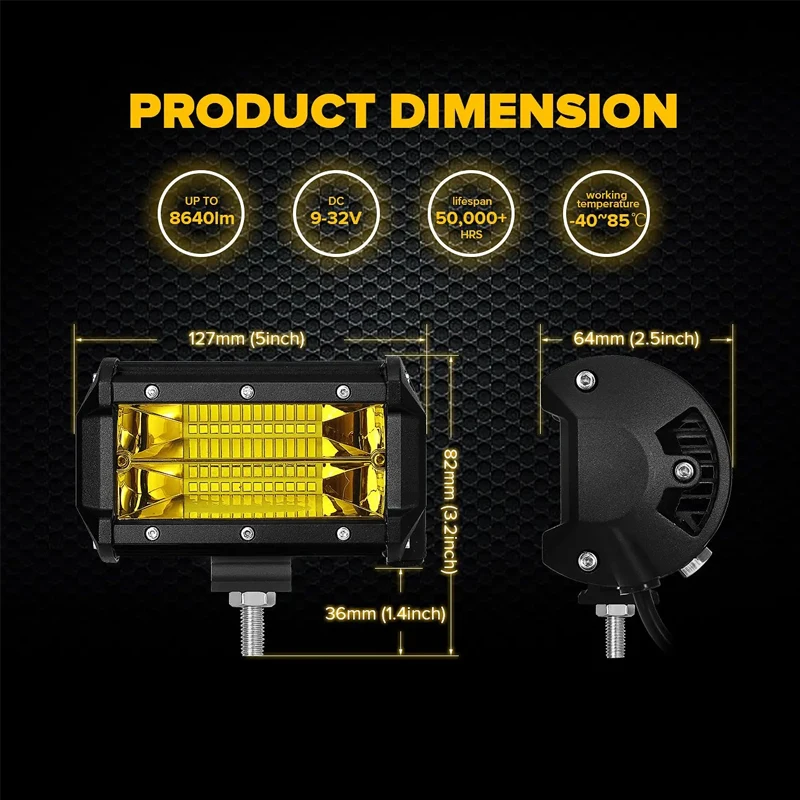 12V 5inch LED Work Light 72W LED Light Bar Fso Spot Beam Bar For Cars Off Road Jeep Truck 4x4 Atv Car Fog Light White Yellow 24V