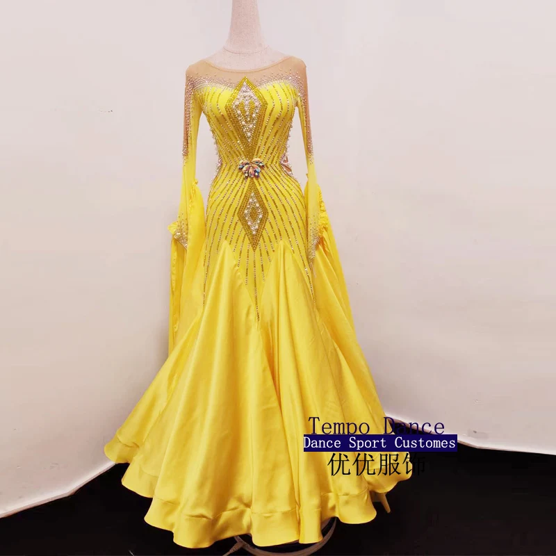 Standard Dance Dress Ballroom Dance Dress Women Ballroom Competition Costume Lycra Waltz Stage Costume Orange Long Sleeves