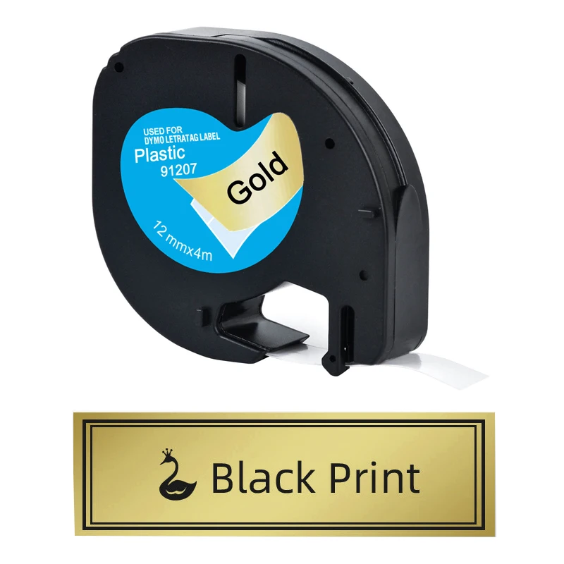 1 Stück 91207 schwarz auf Gold Phomemo P12 P12Pro Kunststoff-Etikettenband Ersatz für 91201 12267 DYMO LetraTag 100H LT-100T LT-200B