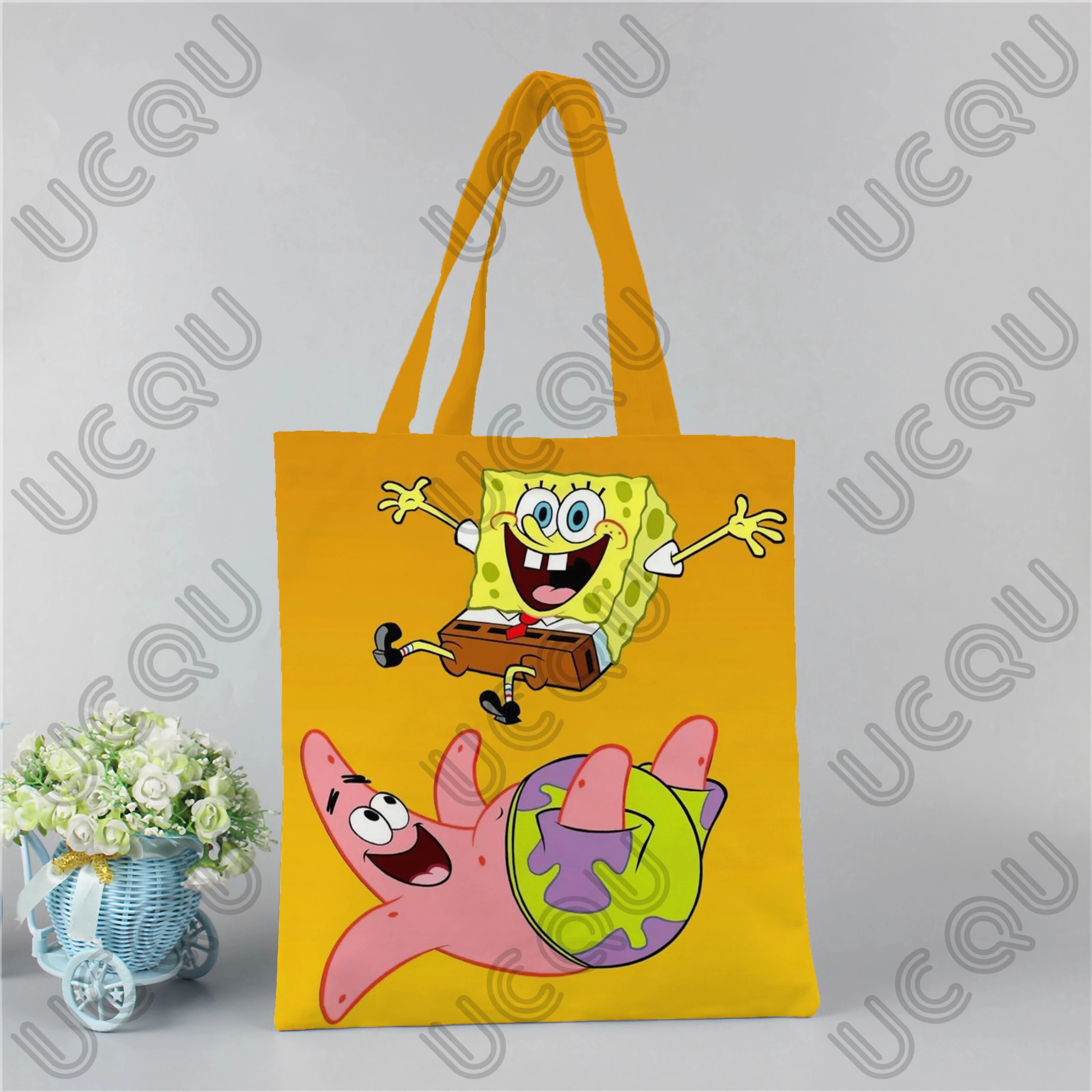 Kawaii S-SpongeBob Print Tote Bags Women Handbag Cute Girls canvas Shoulder Bag Ladies Large Shopping Bag