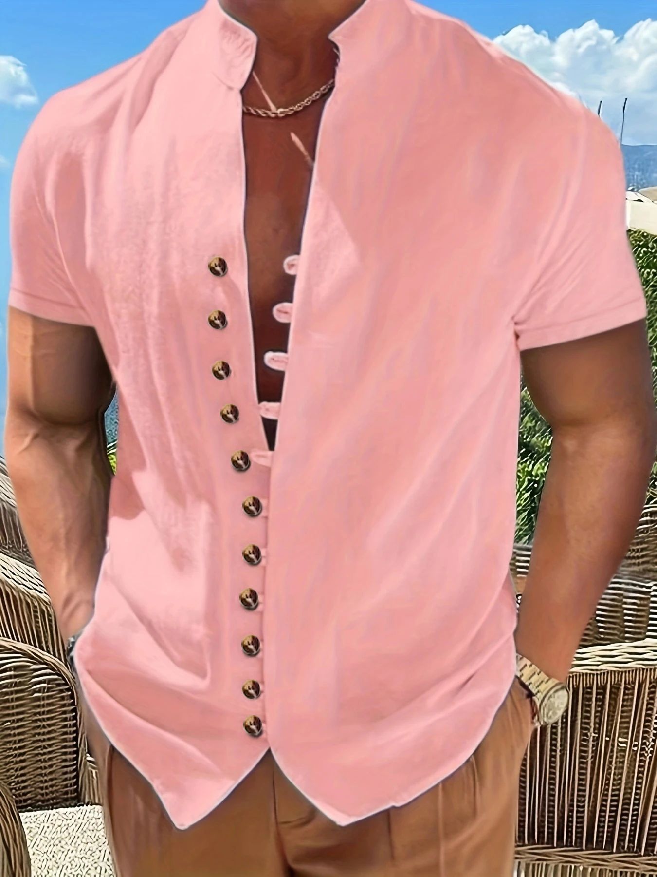 Camisa de manga corta informal de verano para hombre, camisa suelta de algodón de color sólido, camisa de manga corta hawaiana con cuello levantado,