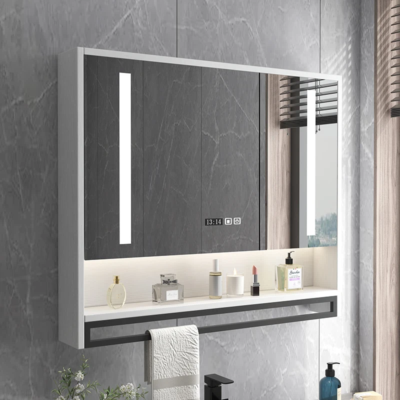 

Bathroom Mirror LED Backlit Smart Anti Fog Touch Sensor Mirrored Cabinet Wall Mounted Storage Shelf Vanity Mirror Household