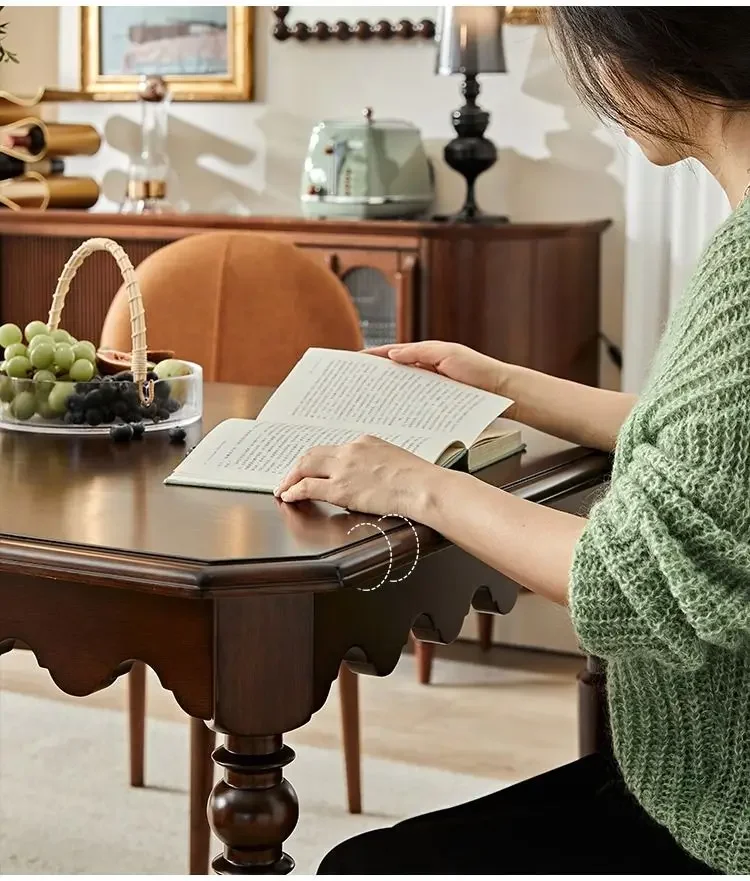 Retro solid wood square dining table Household black walnut French dining table