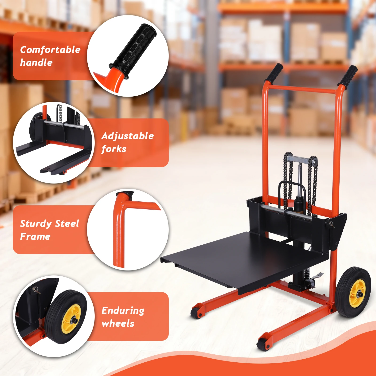 مكدس البليت اليدوي للرافعة الشوكية مع شوكة قابلة للتعديل، مكدس ونش يدوي مناسب لمستودع السوبر ماركت والمنزل