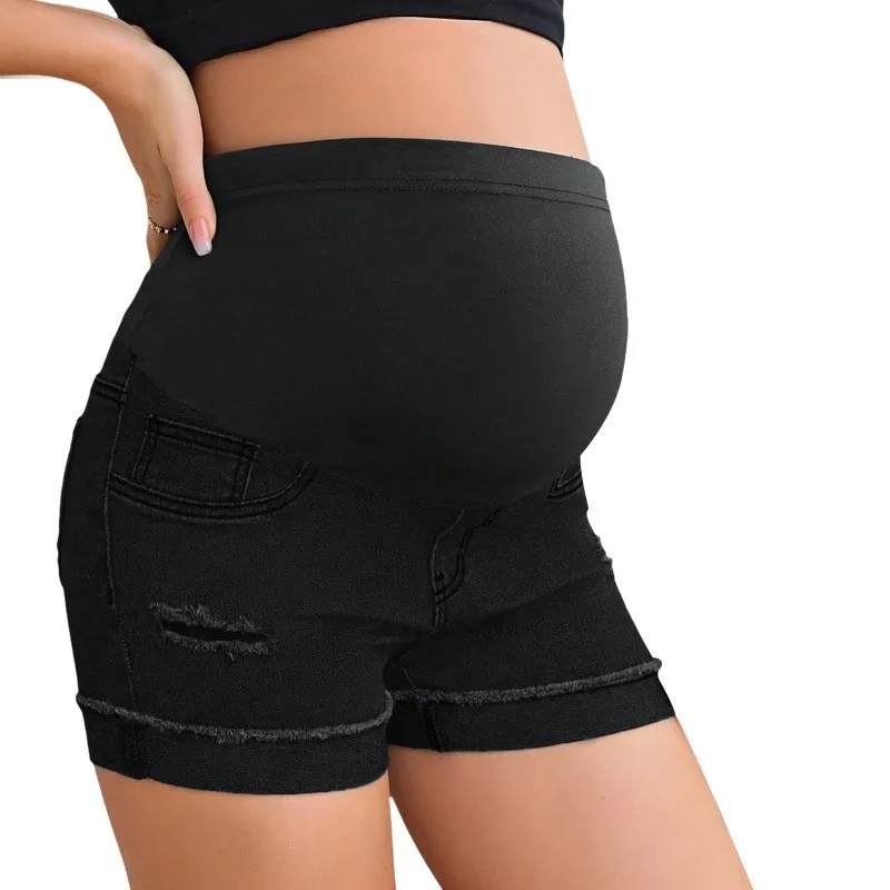 Maternity Clothing Adjustable Waistband Maternity Denim Shorts Black Ripped Pregnancy Shorts Summer Casual Pregnant Women S-XL