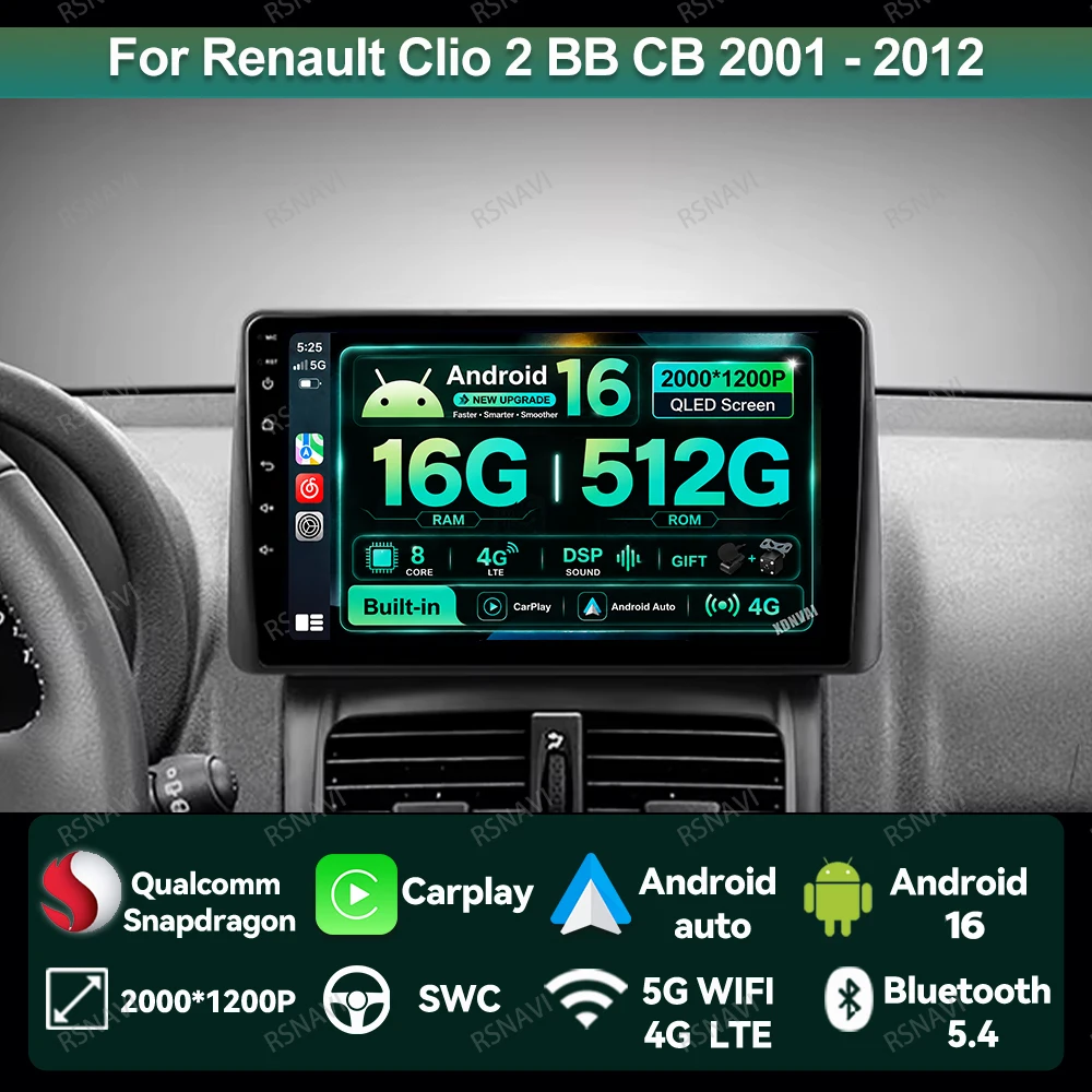 Car Radio Android 16 For Renault Clio 2 BB CB 2001 - 2012 4G LTE Autoradio Multimedia Wireless Carplay Auto BT Head Unit Stereo