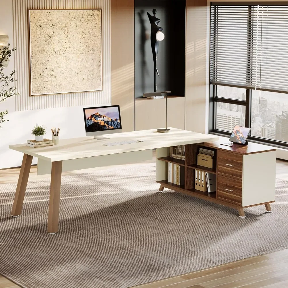 

78.7" L-Shaped Executive Desk, Modern Office Desk with File Drawers & Storage Shelves, Large Computer Desk with 55-Inch Cabinet