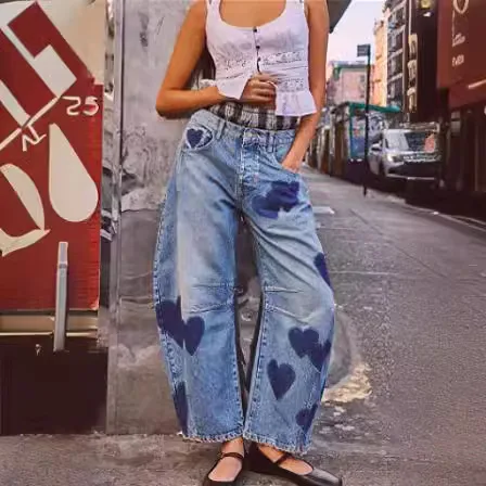 Jeans Streetwear Love Printing Cross Pants Mid Waist Vintage Denims Pockets Casual Women Autumn Denim Ankle Length Trousers