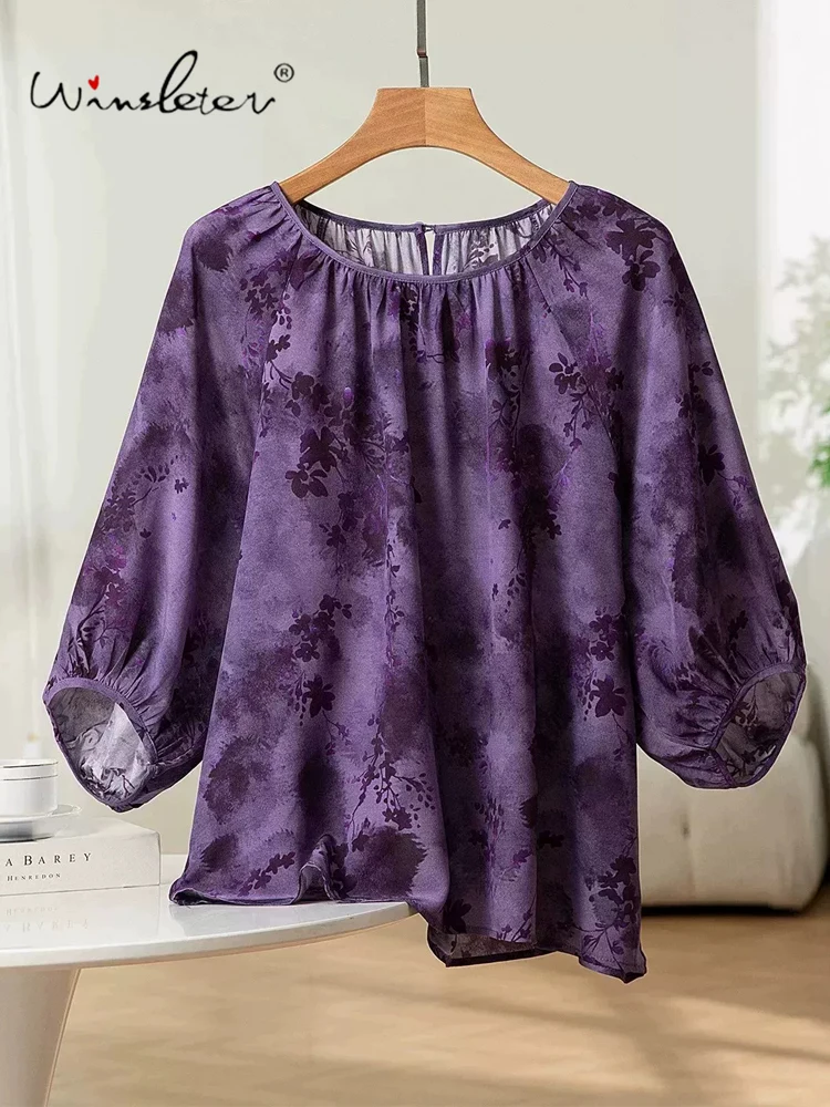 Winsleter-100%Real Silk Double Crepe Elegant T-Shirt, Lantern Sleeve Print, Women French Casual Loose Top, 2026 Autumn T6O438CC