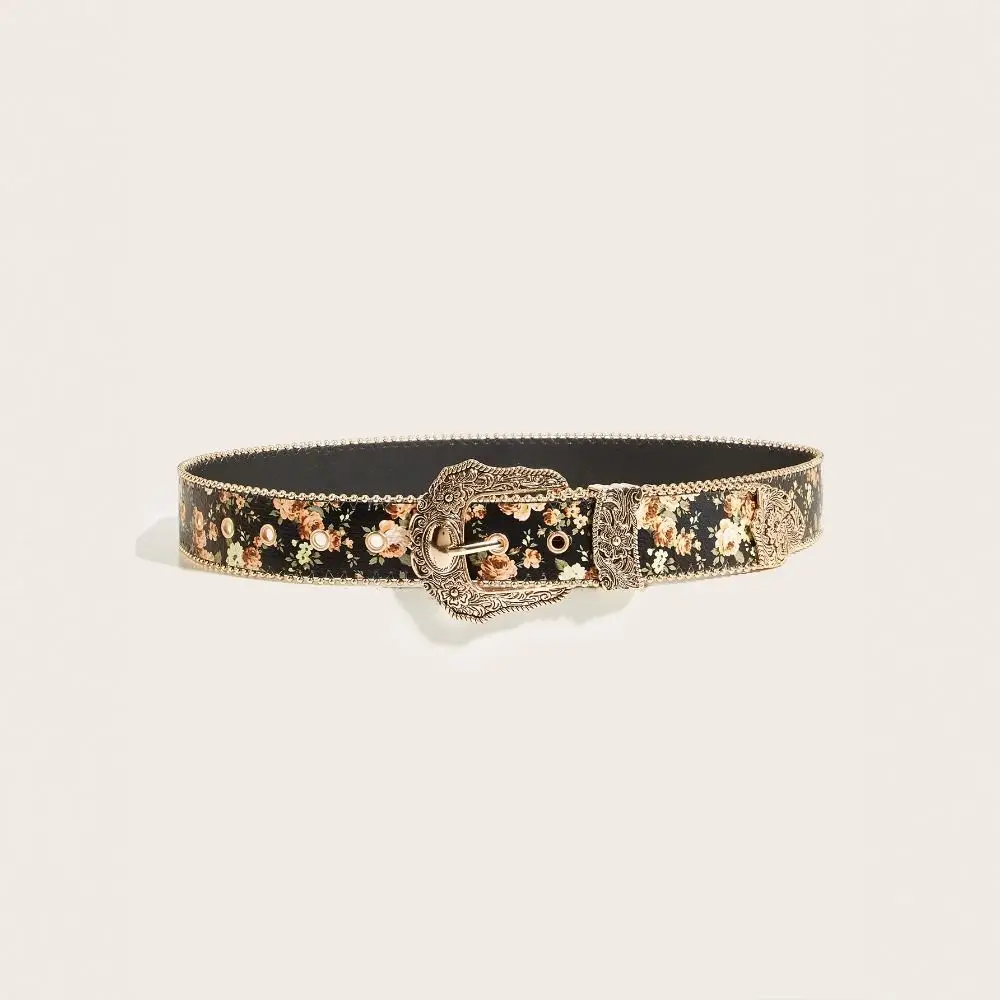 Bohemian-Style Blumen-Jeansgürtel mit Perlenbesatz Retro-Blumengürtel Vintage Hip-Hop Geschnitzter Metall-Schnallengürtel – Detail 7