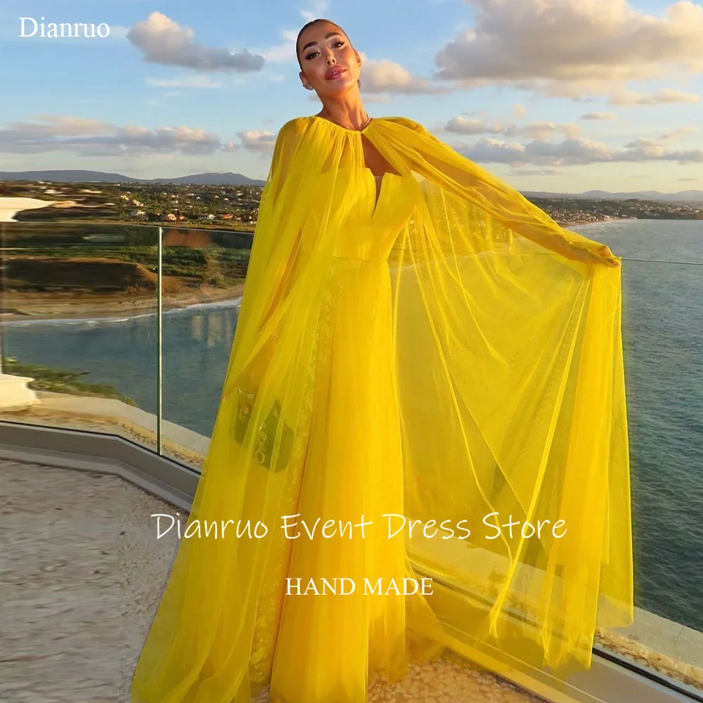 فساتين سهرة عصرية باللون الأصفر من Dianruo من التل على شكل حرف A رداء نسائي متجدد الهواء على شكل كيب فيستدوس دي فييستا أنيقة مخصصة